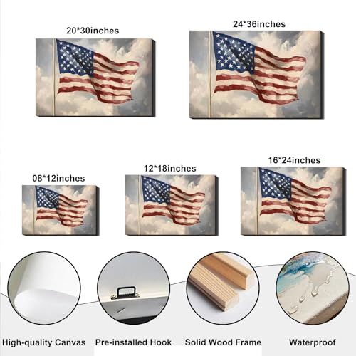 Image of Vintage American Flag Framed Canvas Wall Art 24x36in, Patriotic Oil Painting Canvas Print, 4th of July Independence Day Wall Decor for Living Room, Bedroom, Office, Made in USA