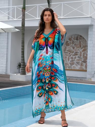 Image of KECVOT Kaftan Dresses for Women V-Neck Print Swimsuit Cover Up Plus Size Beach Caftan Lounge Dress