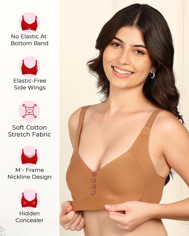 Image of Komli M-Frame Non-Padded Cotton Bonded Seamless Minimiser | Full Coverage | Hidden Concealer | Elastic-Free Comfort | Wire-Free | Side Wings with Gripper | Adjustable Straps