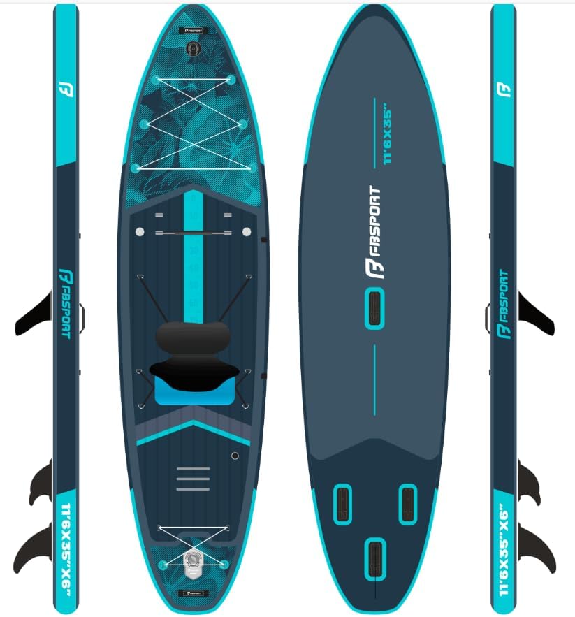 FBSPORT 11.5' Premium Stand Up Paddle Board, Yoga Board with SUP Accessories & Carry Bag | Wide Stance, Surf Control, Non-Slip Deck, Leash, Paddle and Pump for Youth & Adult(BlueWhite)