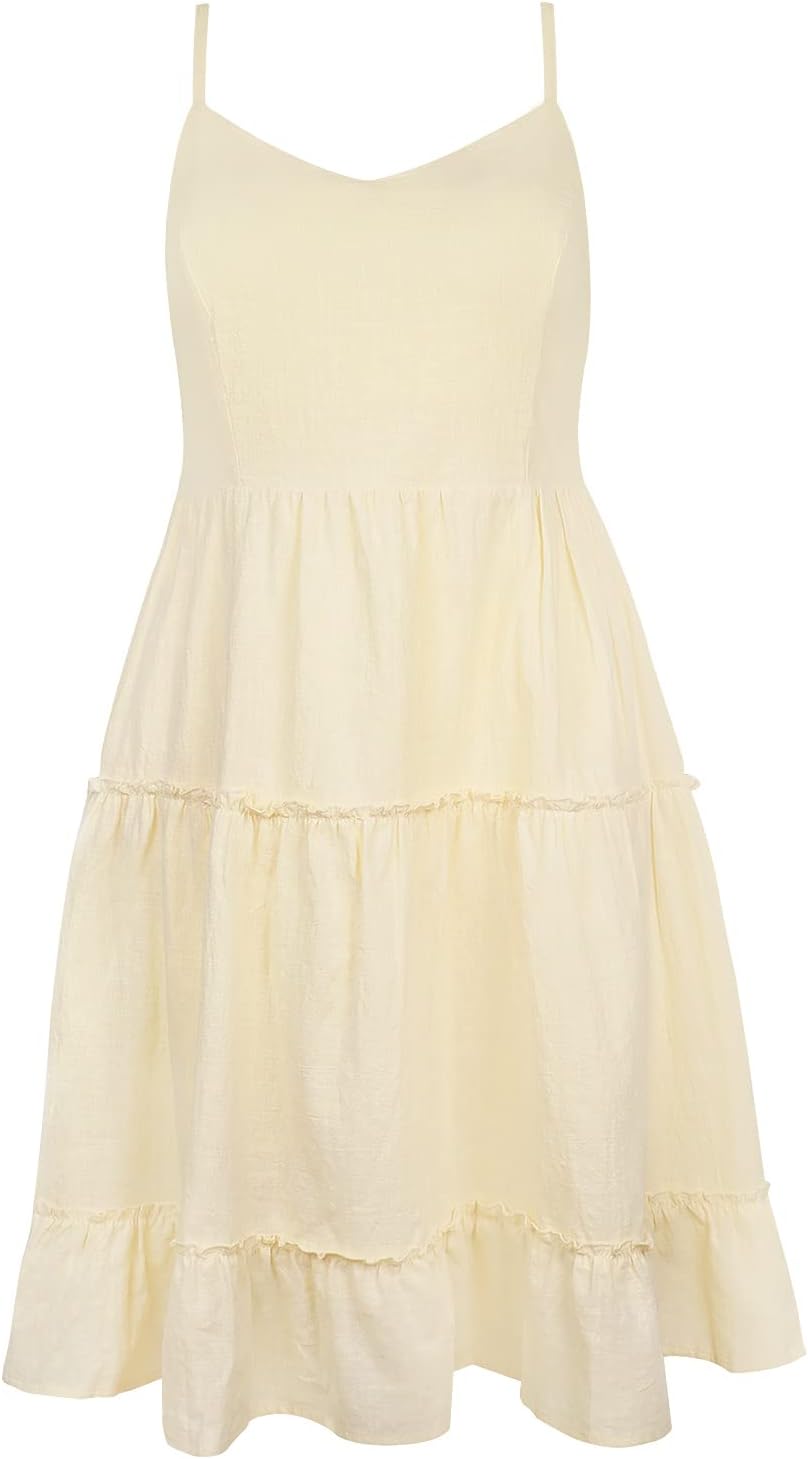 FANCYINN Women Floral Casual Tiered Mini Dresses Spaghetti Strap V Neck Backless A Line Swing Short Dress with Pockets - Image 4