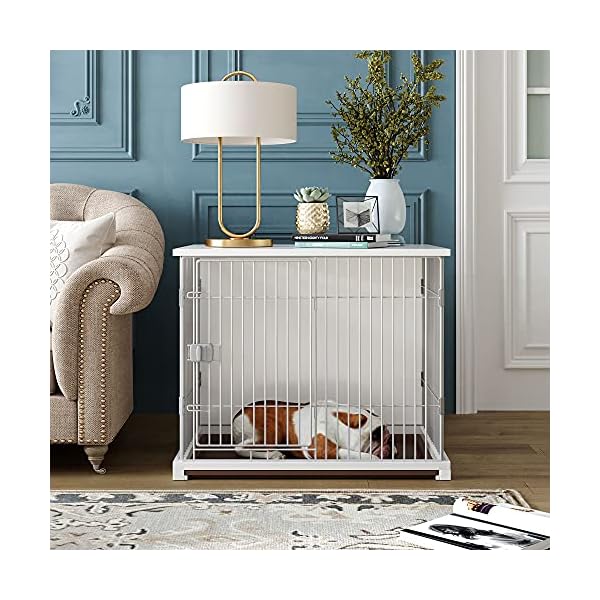 ZSQ-Dog-Cage-34-Length-Elegant-Wooden-Structure-White-Dog-Cage-Crate-Pets-Kennel-Crate-with-Movable-SalverWide-Table-Top-Decorative-Dog-House-Cage-Furniture-Style-Dog-Crates Decorative Dog House Cage