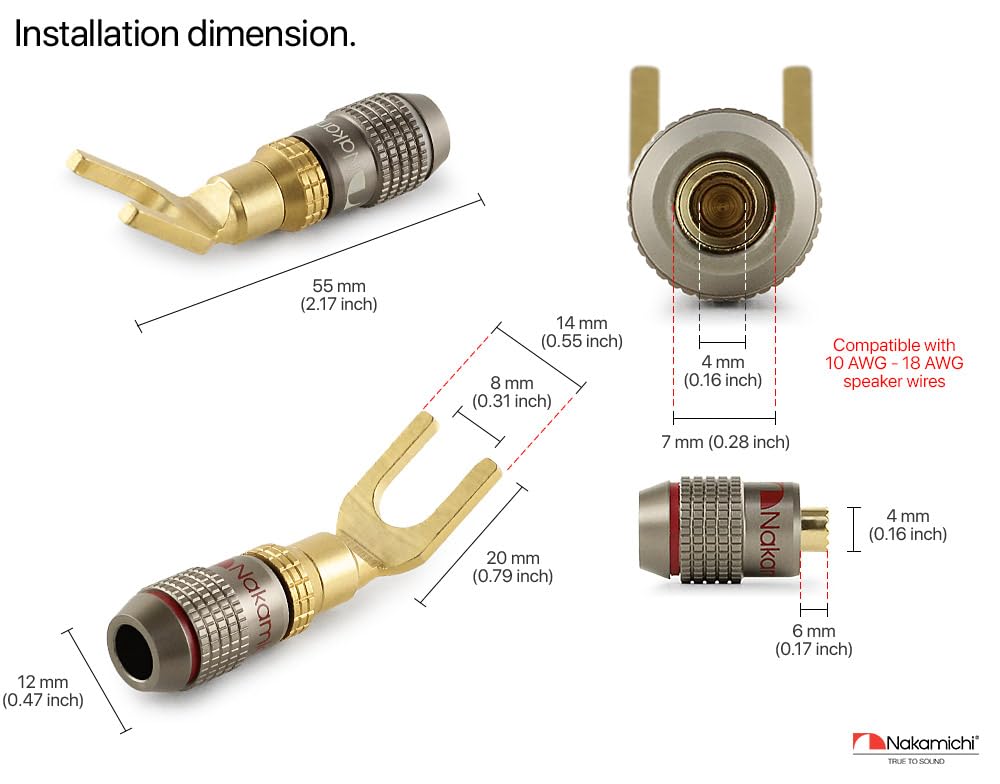 Nakamichi FanLock Excel Series 24k placcato oro connettore a forcella spina a banana 10 AWG - 18 AWG 4mm per altoparlanti amplificatore Hi-Fi, 8 pezzi