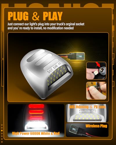 Image of LESAUCE LED License Plate Lights Red OLED Neon Tube Tag Lights Silver Housing Assembly Replacement for Chevy Silverado GMC Sierra 1500 2500 3500 Tahoe Suburban Escalade Yukon XL, 6000K White, 2PS