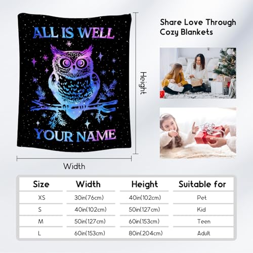 Custom Owl Blanket for Women, Cute Soft Throw Gifts for Girls, Cozy Flannel Throw Blankets for Couch Office, Black 60"x80"