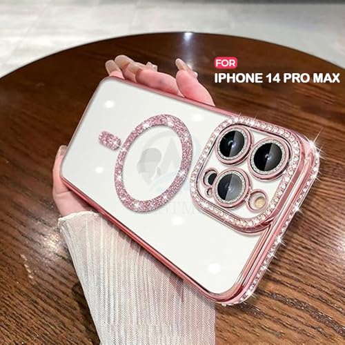 Image of AESTMO Back Cover for iPhone 14 Pro Max Compatible with MagSafe | Diamond Glitter Case | Luxury Bling Rhinestone Soft Clear TPU Bumper | Camera Lens Protection Cover for iPhone 14 Pro Max (Pink)