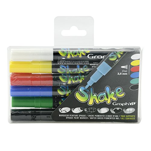 GRAPH'IT - Shake Set de 6 Marqueurs à Encre Acrylique Opaque - Dessin et Manga - Pointe Fine - Résistante à l’Eau et UV - Professionnel et Débutant - Tous Supports - Couleurs Basiques
