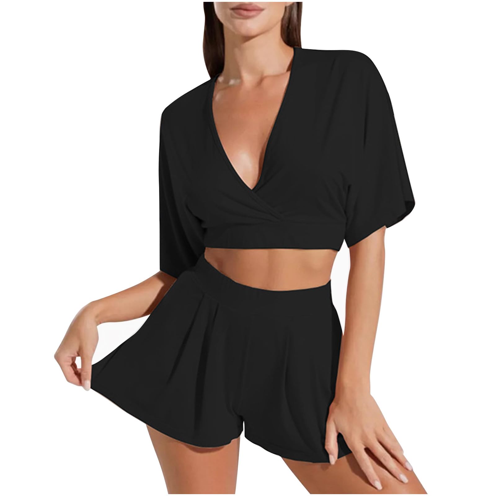 Lounge Sets for Women 2 Piece Outfits Pajamas Set Short Sleeve V Neck Crop Top Shorts Sweatsuit Sleepwear