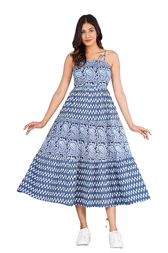 Robe maxi évasée en coton fait main motif cachemire bleu unique