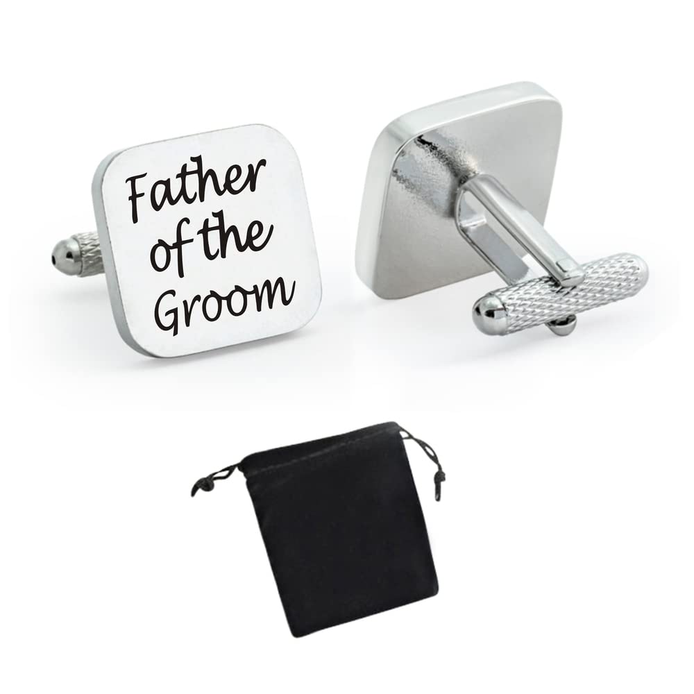 Virens Empourium - Men's Cufflinks, Square Silver Wedding Cuff links, Smart and Elegant Look, Best Man, Groom, Usher, Page Boy, Dad, Brother, and more Cufflink Titles (FATHER OF THE GROOM)