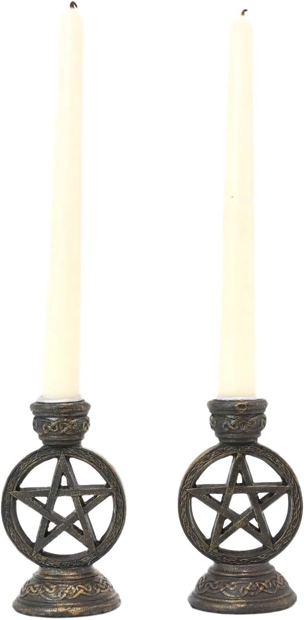 Ebros Set of 2 Wicca Celestial Pentagram Pentacle Stars Encased in Circle of Life Symbol Taper Candle Or Cone Incense Holders with Celtic Knotwork Design Wiccan Paganism Decorative Figurine