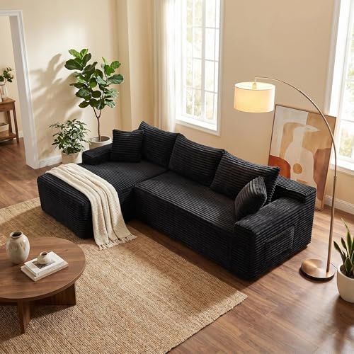 95' L-Shaped Cloud Sectional Couch, Left Facing Modular Compressed Boneless Sectional Sofa with Chaise Lounge, Plush Corduroy Boneless Corner Sofa for Living Room