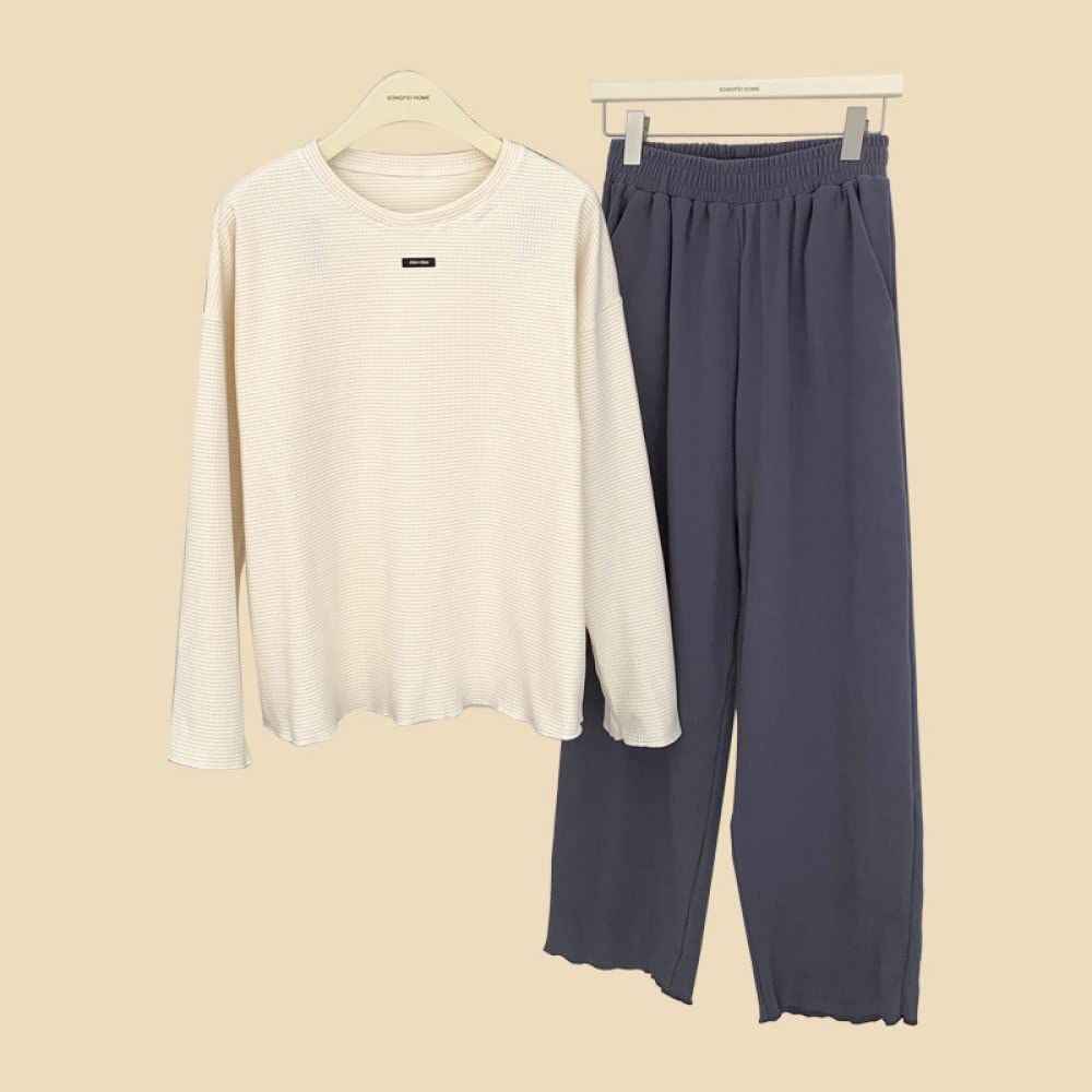 Ensembles De Pyjama Femme,Abricot Col Rond Rayure Femmes Polyester Ensemble De Pyjama Femmes Lâche Régulier Simple À Manches Longues Pyjama Deux Pièces Ensemble Festival Cadeau Adapté À La Plu