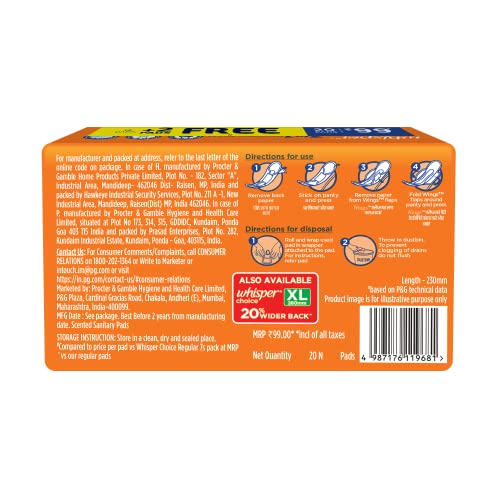 WHISPER CHOICE SANITARY PADS, 20 REGULAR PADS, UPTO 100% STAIN PROTECTION ALL DAY, WITH MAGIC ANTI LEAK AREAS, DRY TOP SHEET, WITH WINGS,... - Image 7