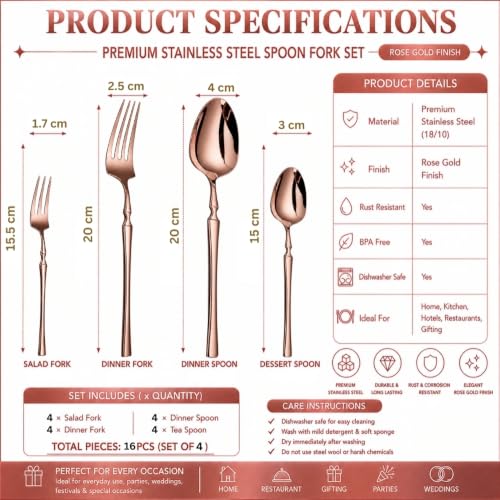 Image of Classic Rose Gold 16 Pcs Stainless Steel Cutlery Set for Dining Table, Dishwasher Safe Glossy Flatware (Perfect Spoon Fork Set)