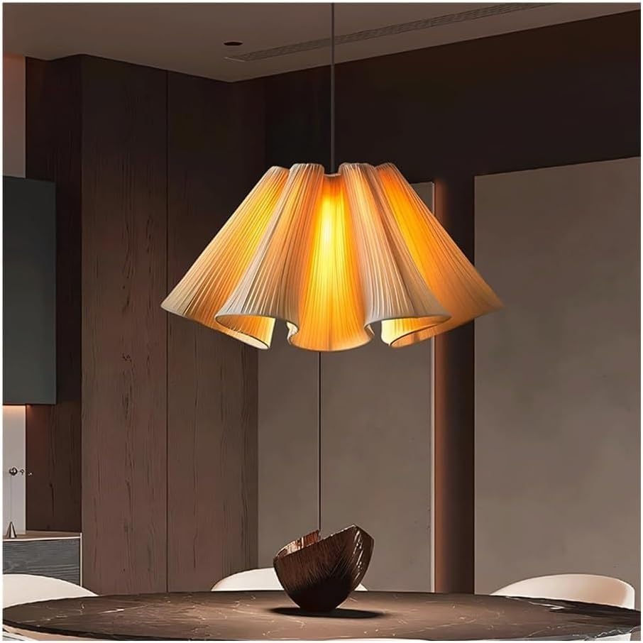 Medieval Hanging Lamp White Striped Pleated Skirt Shaped, E26 3-Color Dimming Linen LED Pendant Light, Adjustable Lighting Fixtures, for Dining Room, Living Room, Study, Tea Room(50CM)