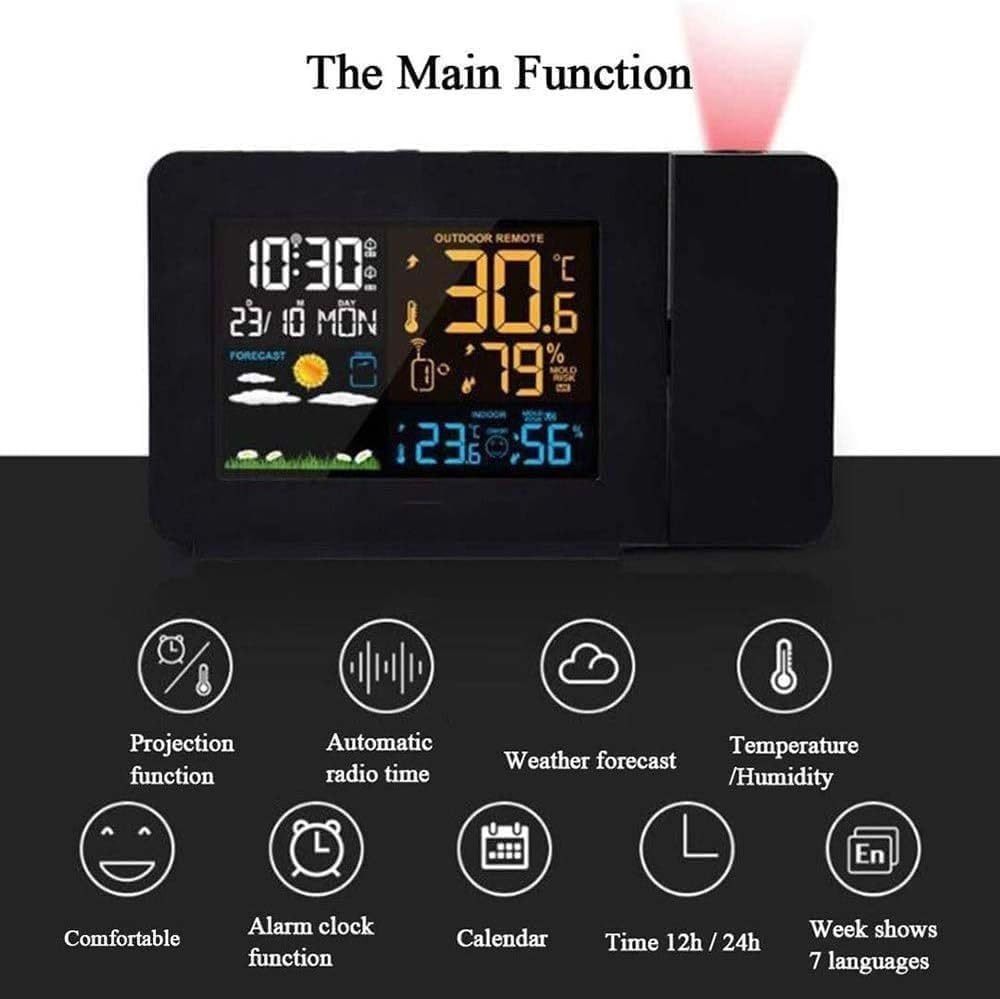 Sveglia Con Proiezione - Proiettore Orologio Digitale A Soffitto - Con Display Della Temperatura Interna/esterna - Doppia Sveglia - Retroilluminazione A Colori - Previsioni Meteo