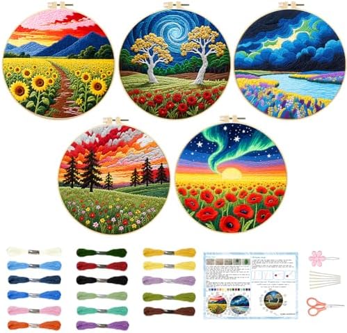 ACRNIGHEET 5 Pack Embroidery Kit for Beginners Adults, Stamped Cross Stitch Kits, Hand Embroidery Starter Kit Including 5 Stamped Embroidery Cloth, Colorful Threads, Hoop, Instruction, Gift Idea