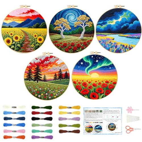 Image of ACRNIGHEET 5 Pack Embroidery Kit for Beginners Adults, Stamped Cross Stitch Kits, Hand Embroidery Starter Kit Including 5 Stamped Embroidery Cloth, Colorful Threads, Hoop, Instruction, Gift Idea