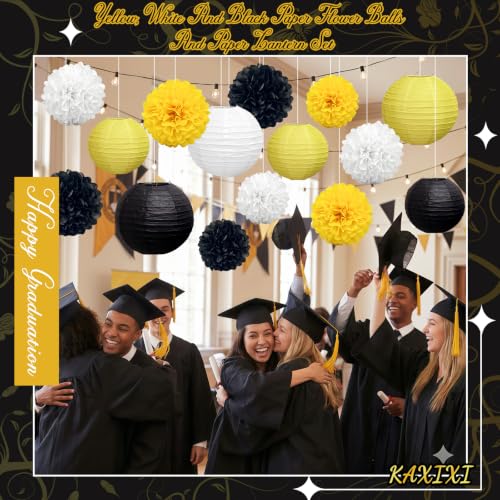 Image of KAXIXI 15-Pack Black Yellow Party Decorations, Paper Lanterns & Pom Poms