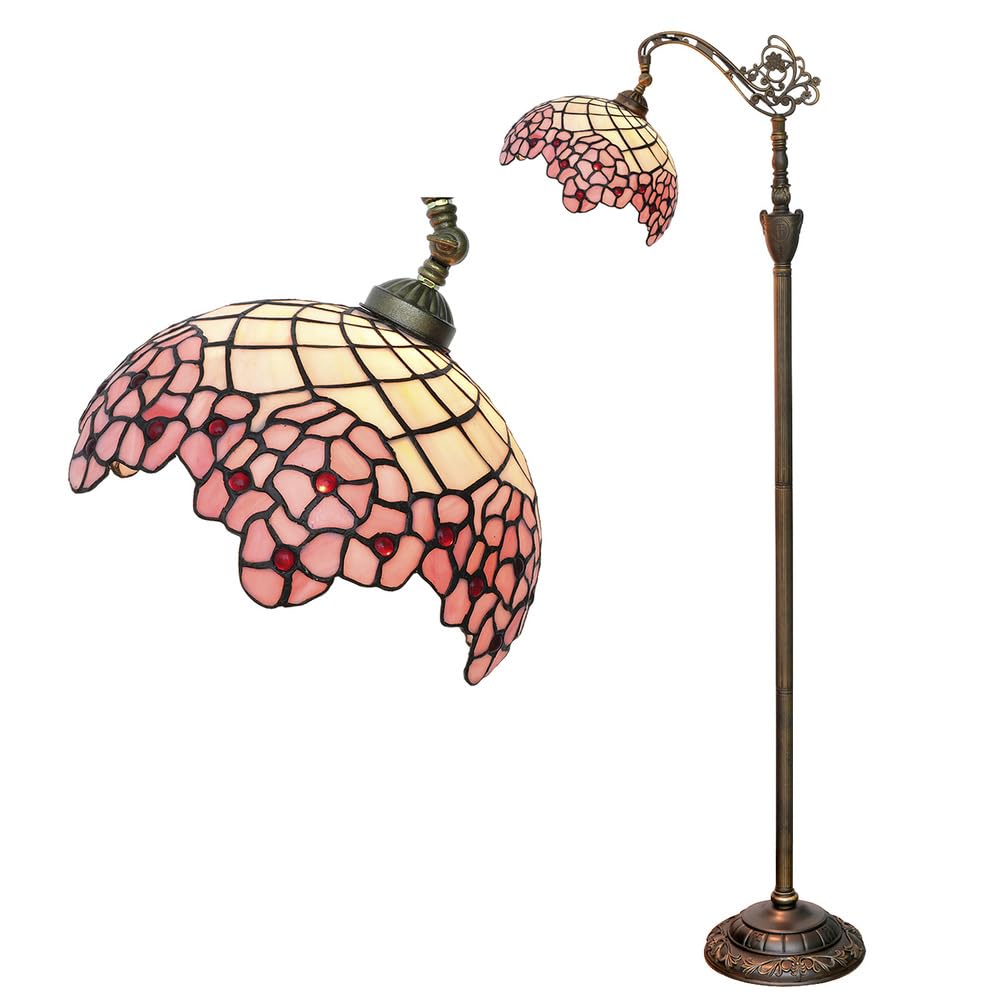 Fiunkes Tiffany Style Pink Stained Glass Arched Floor Lamp, Vintage Pink Flower Red Beads Shade Gooseneck Adjustable Corner Standing Reading Light for Bedroom Living Room