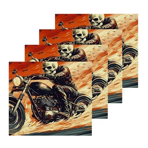 YANENDIE Retro Skeleton Motorcycle Washcloths Towels, Highly Absorbent and Soft Cotton Face Cloths, 4 Pack Quick Dry Wash Cloths - 12 X 12 Inches