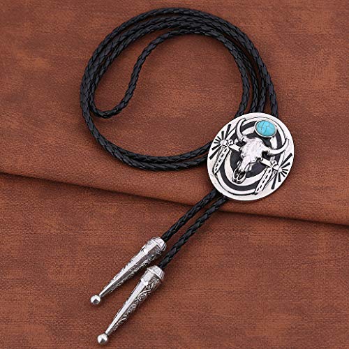 Image of GelConnie Bolo Tie for Men Women Western Cowboy Turquoise Leather Necktie | Natural Stone Bolo Tie Necklace for Women Rodeo Cowboy Leather Necktie Native American Western Cowgirl Ties Adjustable Cord