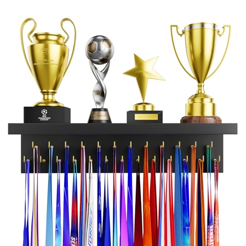 Image of Medal Holder Display Trophy Shelf Organizer, Sturdy Wooden Race Award Hanger Rack with 25 Steel Hooks, Wall Mount Storage Stand for Sports Fans, Cheer Success