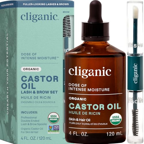 Cliganic Organic Castor Oil, 100% Pure (4oz Glass Bottle with Eyelash Kit) - For Eyelashes, Eyebrows, Hair & Skin (Packaging May Vary)