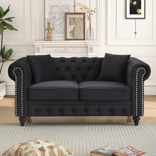 Chesterfield Sofa, Loveseat Velvet Couch with Pillows & Button Tufted Back, Mid Century Modern Couch with Nailhead Trim & Roll Armrests, Comfy Couches for Living Room, Bedroom(Dark Black,63.5''W)