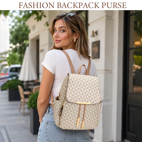 Image of KKXIU Backpack Purse for Women - Stylish Travel Daypack for Ladies, Leather Women Purses with Multiple Pockets for Work, College, Gift Ideas (Beige Checkered)
