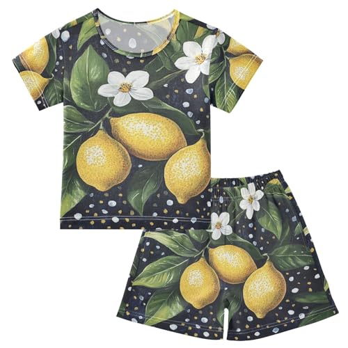 ALAZA Vintage Lemons Flowers Polka Dots Pajama Set Short Sleeve Sleepwear Soft Lounge Nightwear