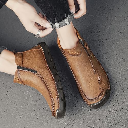 Stepthetop Motorcycle Boots, Men's Casual Leather Shoes Loafers Comfortable Boots Hand Stitched Mid-top Loafers2