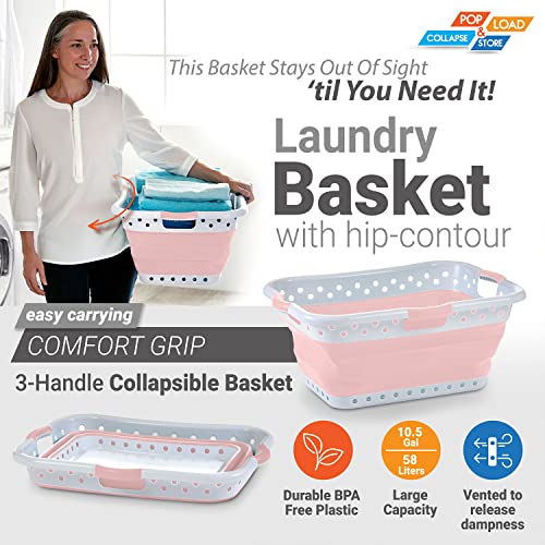 Image of Pop & Load Collapse & Store 1 Large 25 inch Slim Collapsible Plastic Laundry Basket, Space Saving Portable Pop Up Storage & Organization Basket, 3 inch High When Folded, 3 Comfort Grip Handles, Blush Pink
