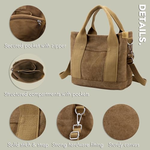 Duol Coos YJ-TTB-1332288BR Small Tote Bag For Women, Upgraded Canvas Tote Bag With Zipper Pocket Compartments, Mini Cute Crossbody Bag Shoulder Bag Satchel Handbag Brown thumb #6