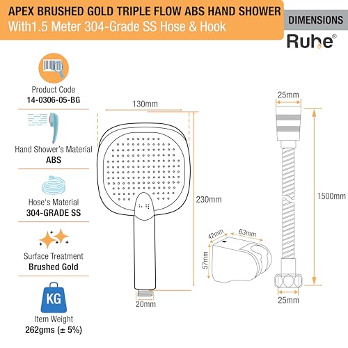 Image of Ruhe Apex Multi-Functional Triple-Flow Modes ABS Hand Shower with 1.5 Meter 304-Grade Stainless Steel Hose & Hook - Brushed Gold Finish