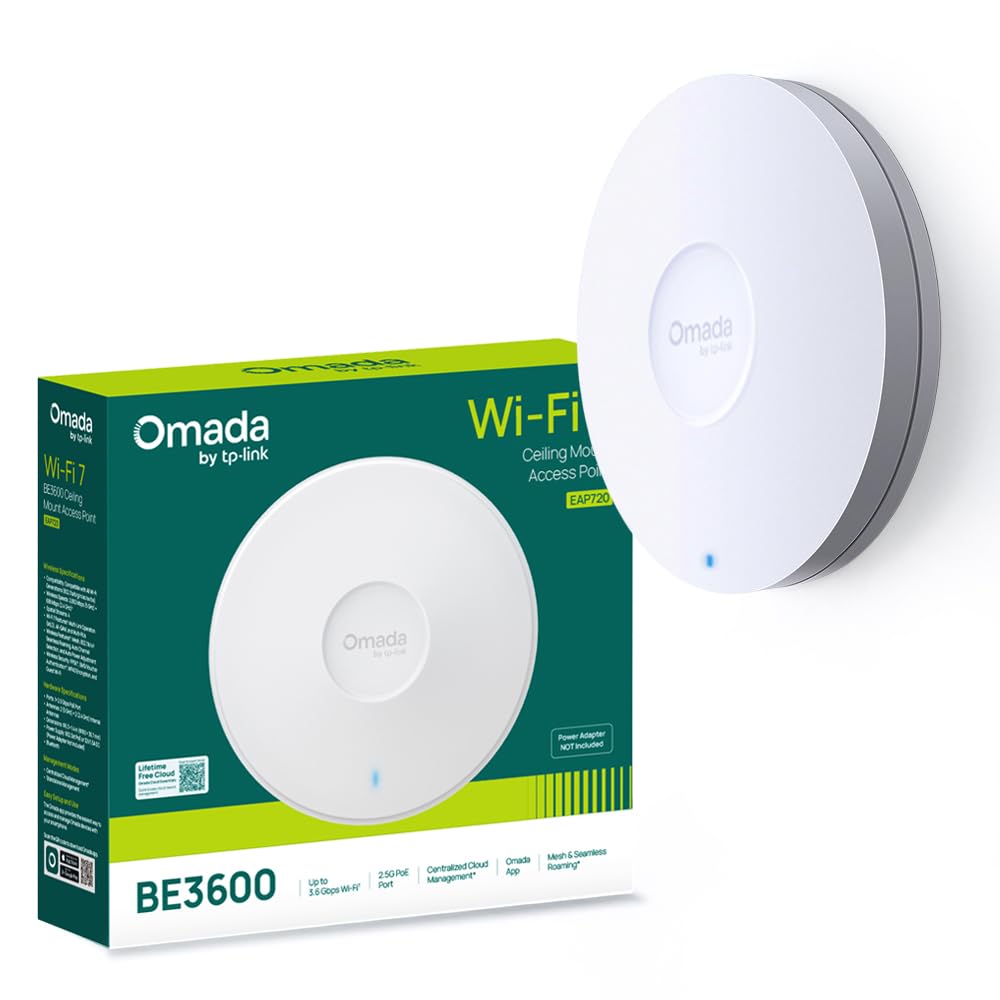 TP-Link Omada Point d'Accès WiFi 7 Plafonnier BE5000 Mbps, EAP720 | Port 2.5 Gigabit PoE+, Gestion simplifiée via l'application Omada, Omada Mesh, idéal pour bureaux, hôtels/commerces