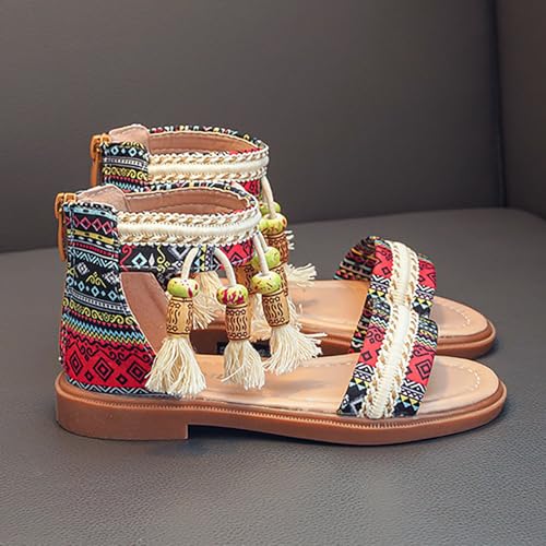 Girls Summer Bohemian Sandals Kids Summer Beach Vacation Open Toe Ankle Strap with Tassel Flat Gladiator Sandal3