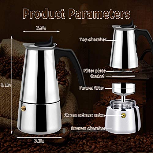 Stovetop Espresso Moka Pot Italian Coffee Maker Percolator with Stainless Steel, 3 Coffee Scoops, 200ml/7oz/4 Cup (1 Cup=50ml)