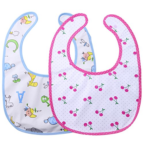 Littleforbig Cotton Waterproof Adult Babydoll Bib with Adjustable Hook-and-Loop Fastener Closure Printed 2 Packs - Zoo Animals and Cherry Adult Bibs