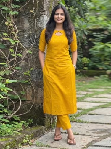 Image of ANNI Designer Women's Viscose Straight Printed Kurta with Pant | Ethnic Indian Kurta Set | Round Neck Keyhole Design | Elbow Sleeve Traditional Dress | Office Occasion Outfit