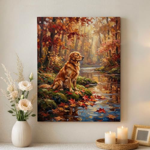 Lienzo decorativo de realismo natural con río otoñal dorado para iluminar espacios