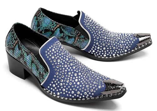 Santimon Men’s Rhinestone Loafers with Pointed Metal Toe – Slip-On Party Dress Shoes with Glitter Vamp & Chunky Heel for Stage, Prom, Wedding, Nightclub4