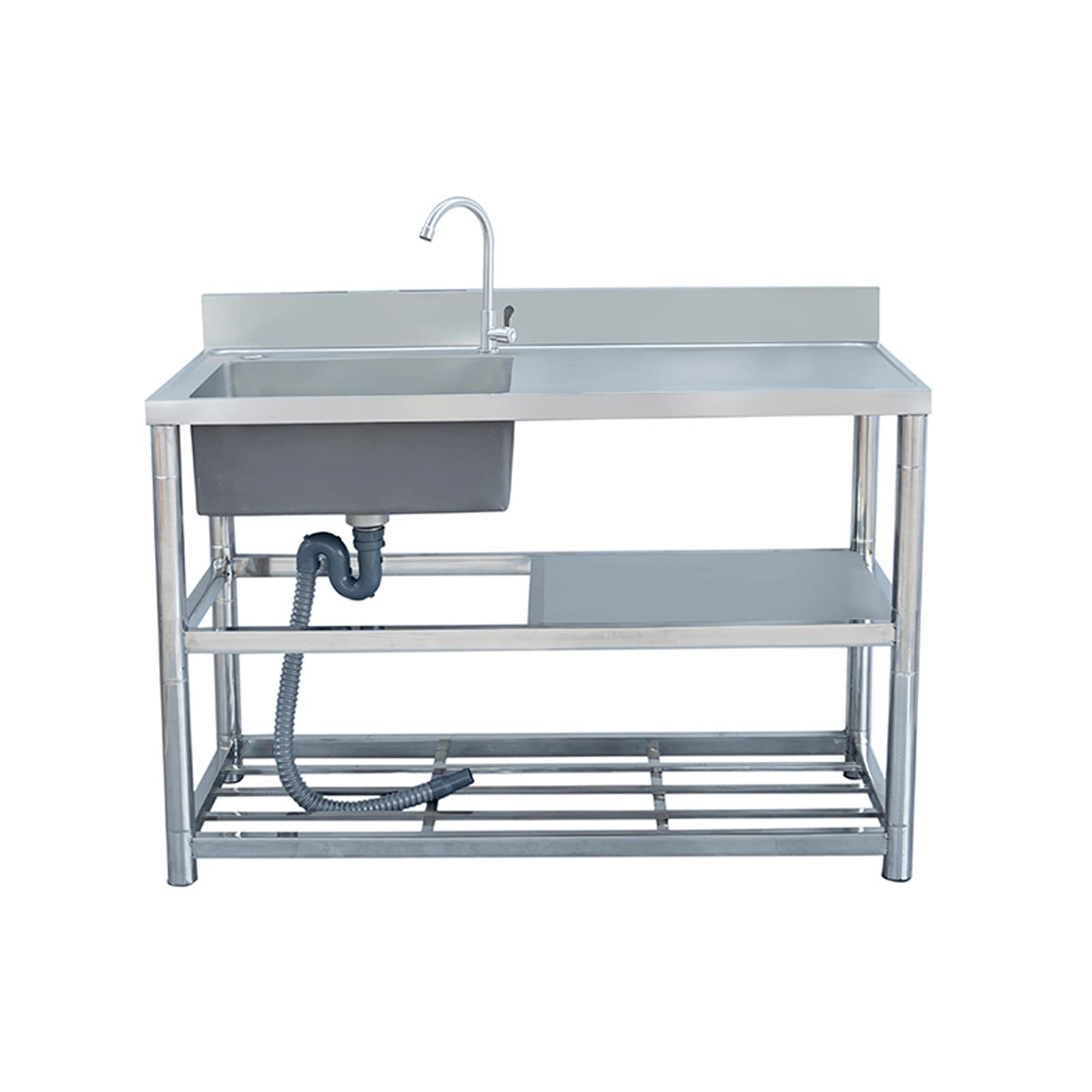TAXXII Outdoor Sink Single Bowl Freestanding Stainless Steel Utility with Faucet Drain Storage Rack Commercial Restaurant for Laundry Garden Backyard Garage (Color : Silver, Size 1