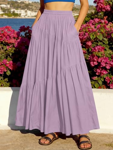 Image of ANRABESS Women's Boho Elastic High Waist Pleated A-Line Flowy Swing Asymmetric Tiered Maxi Long Skirt Dress with Pockets