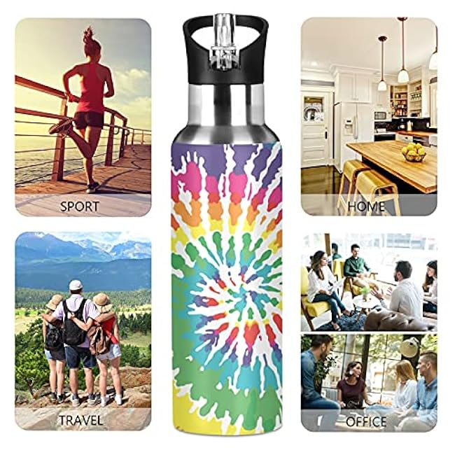 20 oz Sports Water Bottles with Straw Lid and Carry Loop, Insulated Stainless Steel Double Wall Vacuum Thermo Water Bottle for Gym Camping Hiking - Tie Dye
