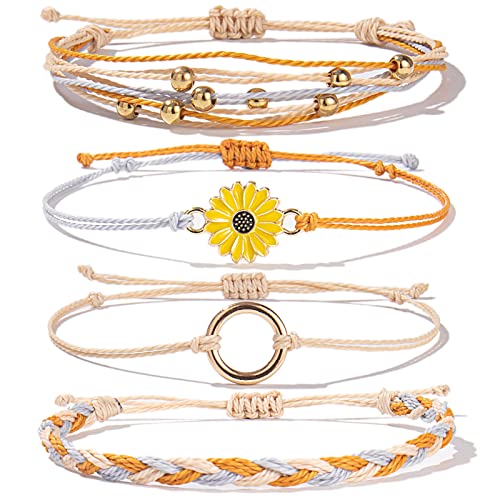 Image of Stackable Sunflower String Bracelets Cute Boho Braided Summer Beach Jewelry