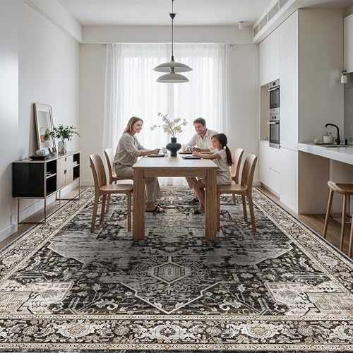 Living Room 12x15 Area Rug - Large Washable Area Rugs with Non Slip Backing Stain Resistant Carpet Indoor Soft Carpets Distressed Decoration Mat for Bedroom Dining Room 12x15 Black
