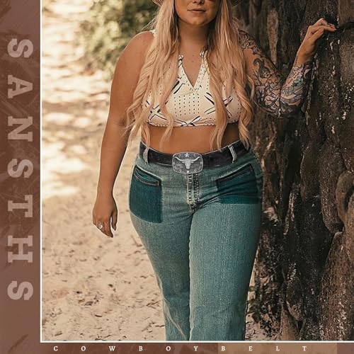 Image of SANSTHS Western Cowboy Belts for Men Women, Mens Western Belt Bull Buckle Country Belt Cowboy Leather Belt for Jeans