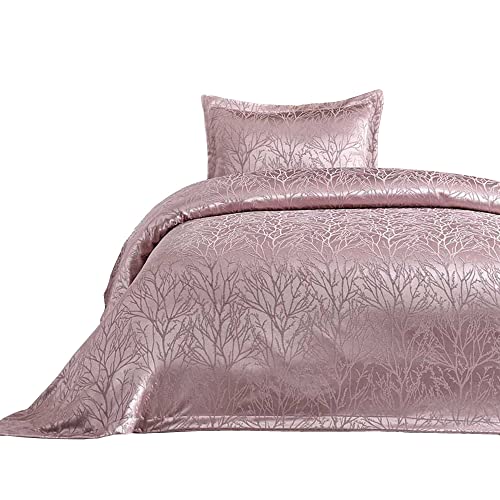 ELART Couvre Lit 1 Personne, Dessus de lit 150X200 cm, 1 taie d'oreiller 50 x 70 cm, Convient à l'été, matelassée, pour lit et canapé, Tissu Jacquard Doux et Moderne (Rose)